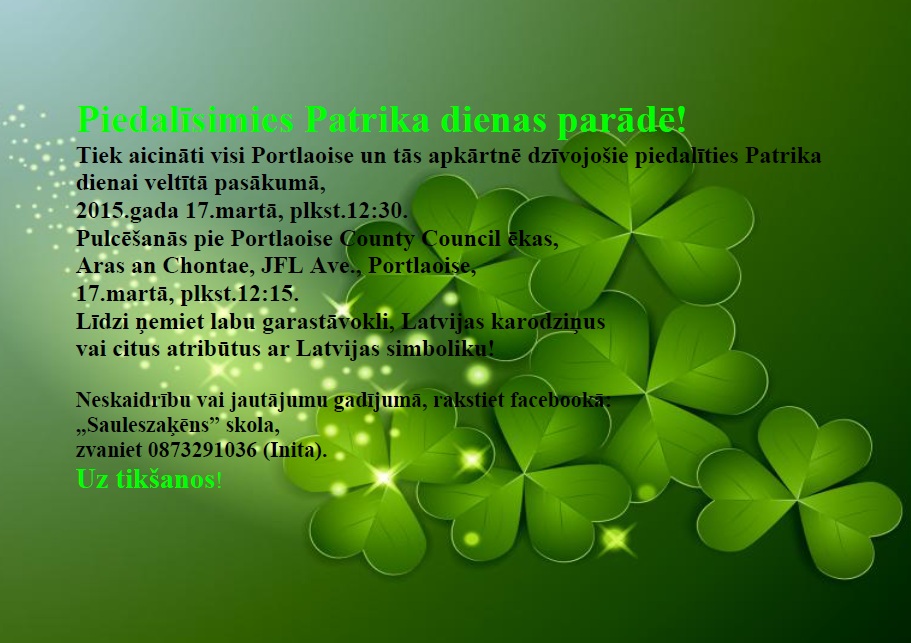 Portlaoise un tās apkārtnē dzīvojošie tautieši tiek aicināti piedalīties Patrikdienas parādē