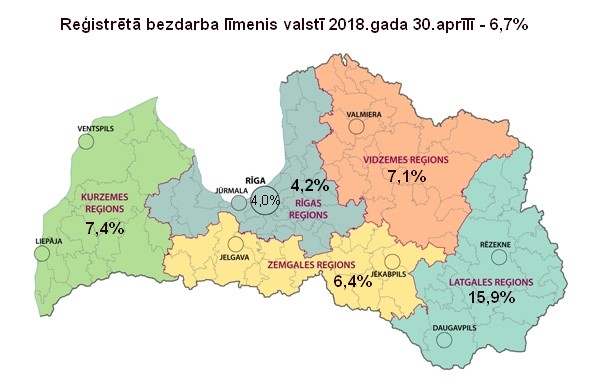 Latvijā reģistrētā bezdarba līmenis aprīlī samazinājies līdz 6,7%