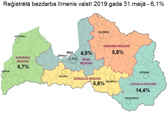 Latvijā reģistrētā bezdarba līmenis maijā samazinājies līdz 6,1%