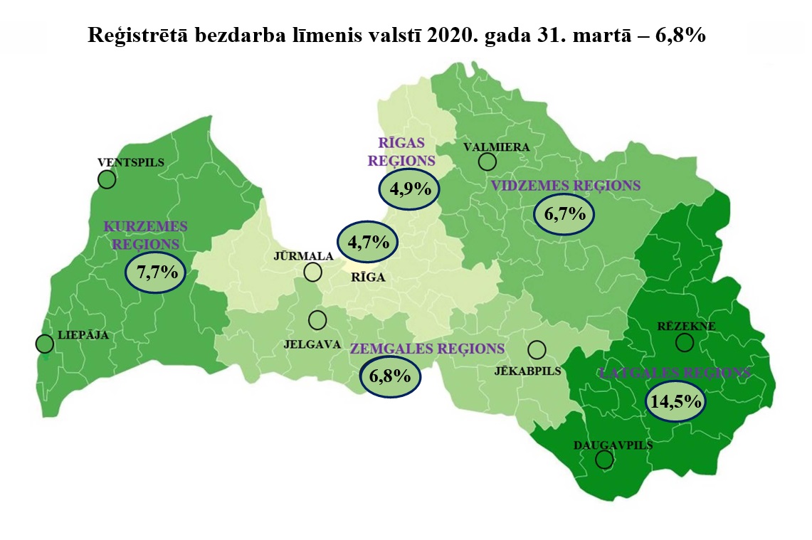 Reģistrētā bezdarba līmenis Latvijā marta beigās sasniedzis 6,8%